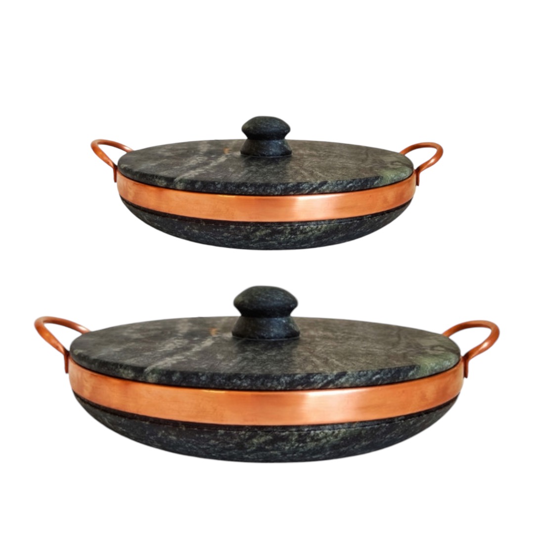 Kit Frigideira Com Tampa De Pedra Sabão 23 e 18 Cm De Diâmetro