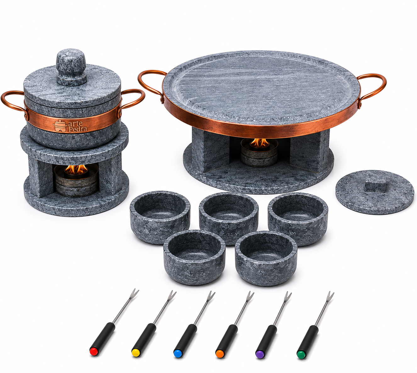 Kit Fondue+ Grelha 37 Cm Para Churrasco Pedra Sabão Completo