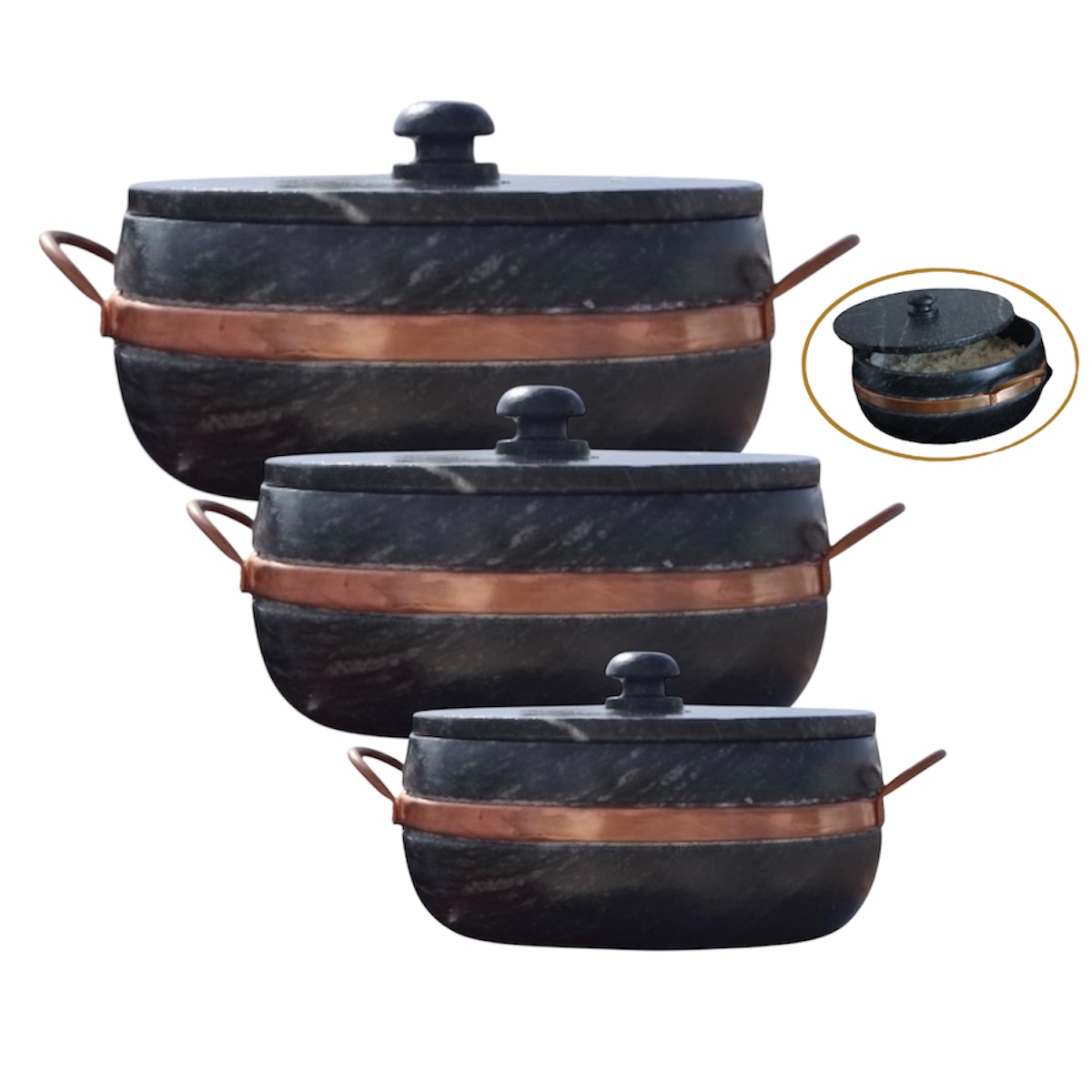 Jogo 3 Panelas Tradicionais pedra sabão (1.5L + 800ml + 500ml) Arte Pedra