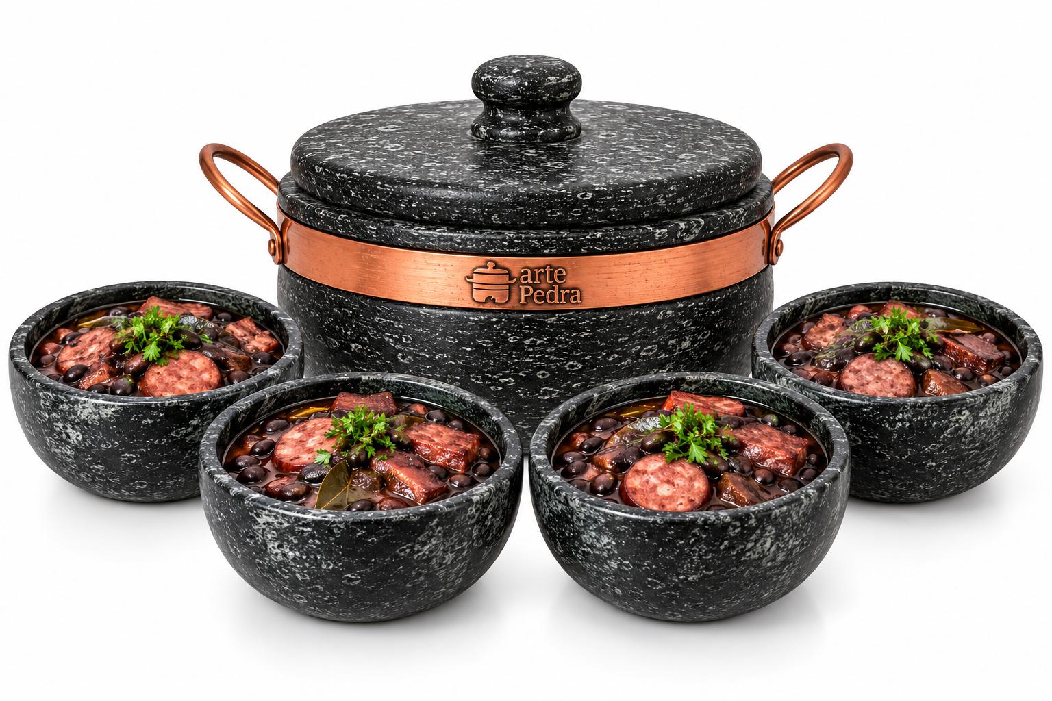 Panela 3 Litros + 4 Cumbucas 500ml Pedra Sabão Kit Feijoada