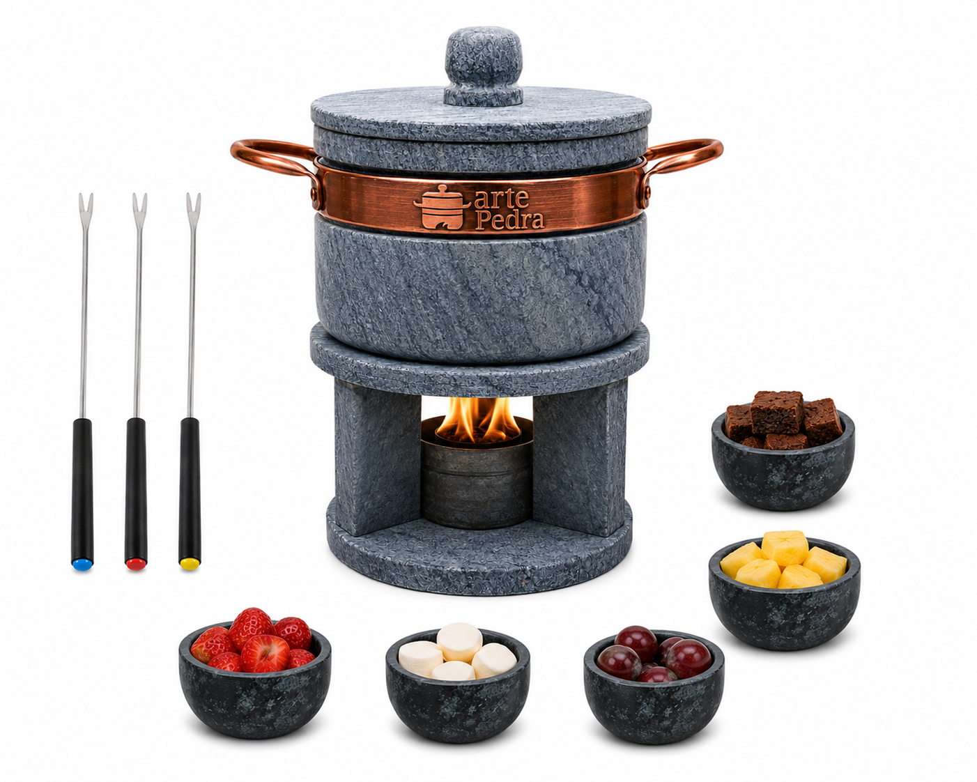 Kit Fondue De Pedra Sabão+ 3 Garfinhos+ 5 Ramekins
