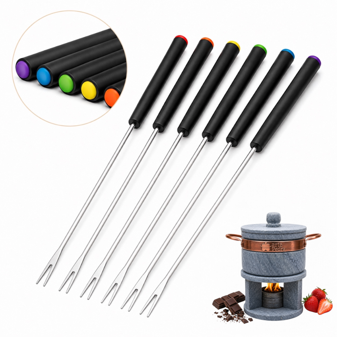 Kit 6 Garfos Para Fondue 24 Cm Aço Inox Coloridos Arte Pedra